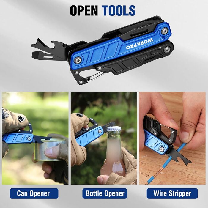 Мультитул WORKPRO 11-в-1: мультиінструмент з нержавіючої сталі з карабіном, плоскогубцями, інструментом для обрізки кабелю, відкривачем пляшок, викрутками. Підходить для активного відпочинку та повсякденного використання. У комплекті – зручна сумка.
