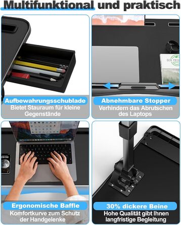 Стіл для ноутбука Potuopy з регульованою висотою та кутом нахилу, складний, великий розмір (60*40 см), чорний, з еко-деревом для роботи, читання та їжі на ліжку/дивані