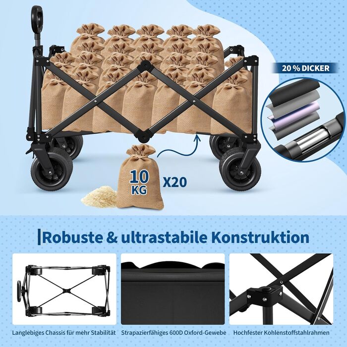 Візок-теліжка складний GarveeLife XXL 200L, 200 кг, гальма, колеса 20 см для пляжу, кемпінгу, саду, чорний