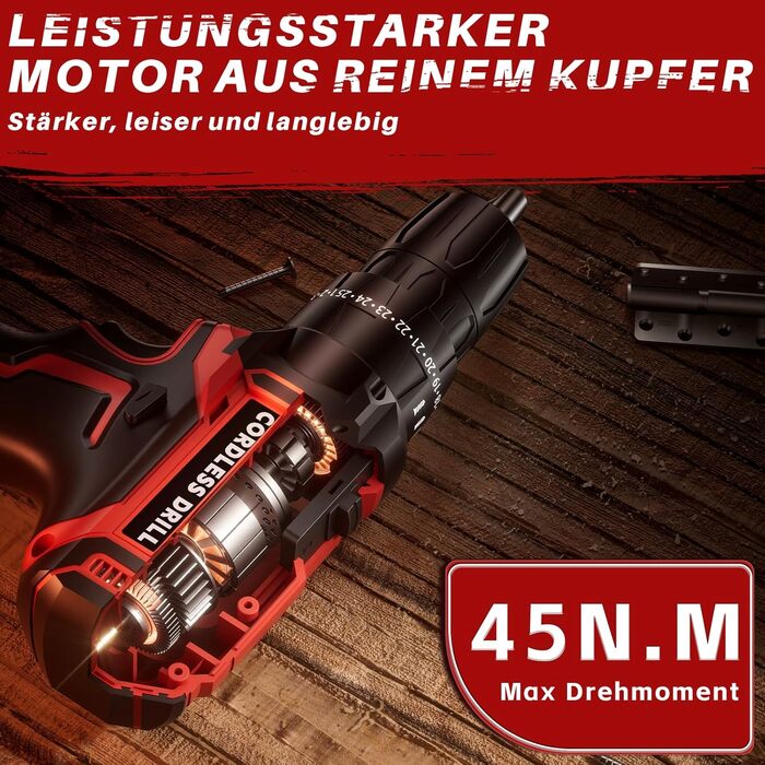 Акумуляторний шуруповерт 21V з двома акумуляторами 2000mAh, 45Nm, 25+3 ступені крутного моменту, LED, для дому та саду, DIY проєкти