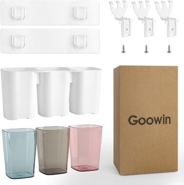 Goowin Toothbrush Holder, Wall-Mounted Toothbrush Holder, Electric Toothbrush Holder for Bathroom with 3 Rinse Cups, No Drilling (3 Cups)