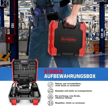 Акумуляторний шуруповерт Sundpey Set: 2 акумулятори 2.0Ah, 21V, 1500 об/хв, 45Nm, 18+1 режим, LED, 10мм патрон - для ремонту та DIY