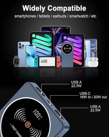 Портативний зарядний пристрій Power Bank Klein 10000mAh з USB-C, 3 порти, сумісний з iPhone/Android (Блакитний)