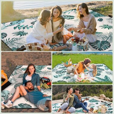 Плед для пікніка HAUSPROFI 200x300 см, водонепроникний, ізольований, зелений з квітковим малюнком. Для пляжу, кемпінгу, з ручкою та кілочками