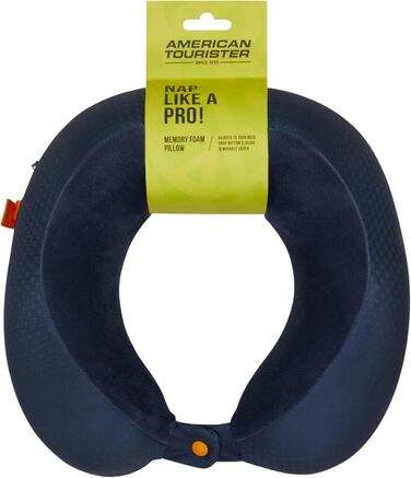 Подушка для шиї American Tourister з Memory Foam, Ергономічна та Комфортна для подорожей (літак, авто, поїзд) - 30 см, Чорний/Сірий, Морська синя/Помаранчевий