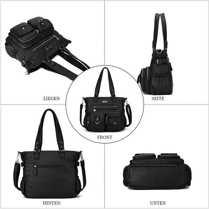 Сумка жіноча KL928 через плече, велика, чорна, PU шкіра, з багатьма відділеннями