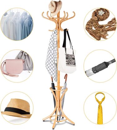COSTWAY 184cm Wardrobe Rack with Umbrella Holder, Coat Rack with 12 Clothes Hooks, Clothes Rack made of Wood, Freestanding Wardrobe for Entryway, Living Room, and Bedroom (Natural)