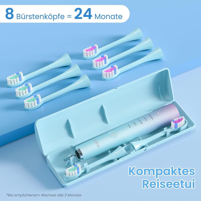 Електрична зубна щітка YUNCHI C2 з 40000 VPM, звукова щітка для дорослих, зарядка USB-C, 55 днів роботи від акумулятора, 5 режимів чищення, таймер 2 хвилини, 8 насадок, дорожній футляр, чорний (Ycyc-y7 Blue)