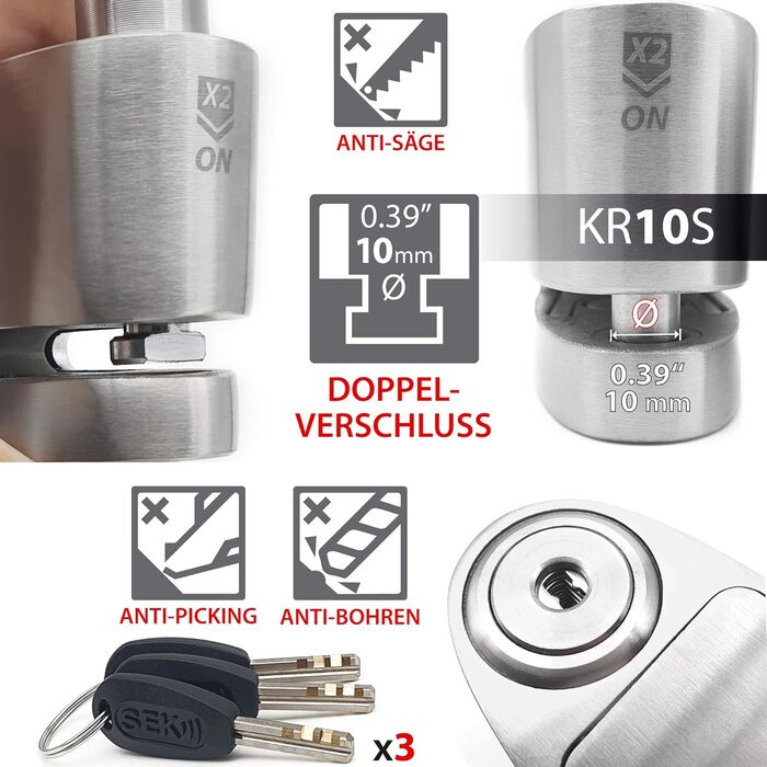 Мотозамок сигналізація KRASER KR10S, 120дБ, подвійний захист, диск-кліп, нержавіюча сталь, Ø10мм, протиугінний замок для мотоцикла, скутера, велосипеда