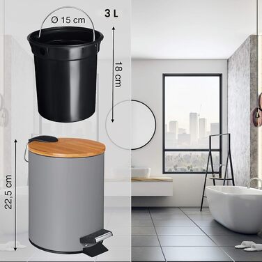Смітник для косметики VMbathrooms з педаллю та бамбуковою кришкою, Soft-Close, 3 л, матово-сірий