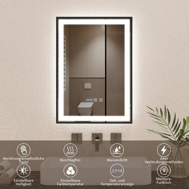 Дзеркало YOURLITE з підсвічуванням 70x50 см, LED дзеркало для ванної кімнати з годинником, сенсорне керування, 3 кольори світла, регулювання яскравості, антизапар, пам'ять, срібний (чорний-5070)