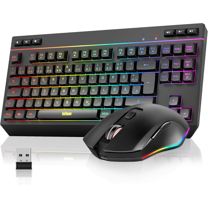 Бездротовий комплект клавіатури та миші RedThunder 75% QWERTZ RGB з підсвічуванням, для ПК Xbox PS5, чорний. Підтримка мультимедійних функцій та оптичний сенсор 7D.