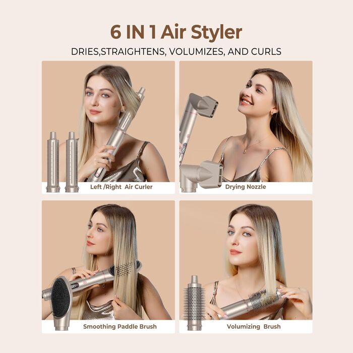 UKLISS Airstyler Pro 7 в 1: професійний фен-щітка з іонізацією, 1400W, для створення локонів, випрямлення та сушіння волосся (Золотий)