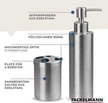 Fackelmann Soap Dispenser & Toothbrush Holder Tecno, dispenser for liquid soap made of high-quality stainless steel, holder for 4 toothbrushes, high-quality toothbrush holder (color: matte silver), quantity: 1 x 2-piece set