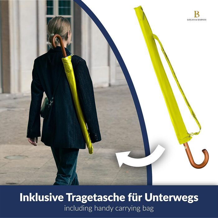 Logan & Barnes Stormproof Umbrella - 120cm Extra Large Windproof Umbrella with Wooden Handle & Silent Rubber Tip - 16 Rib Model EDINBURGH (Yellow)