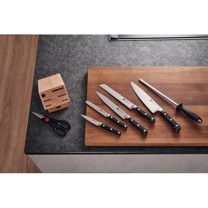 Набір ножів ZWILLING Professional S 8 предметів з дерев'яним блоком, Ніж, Точилка, Ножиці, Нержавіюча сталь, Ручки з нержавіючої сталі з заклепками, Чорний, Зроблено в Німеччині