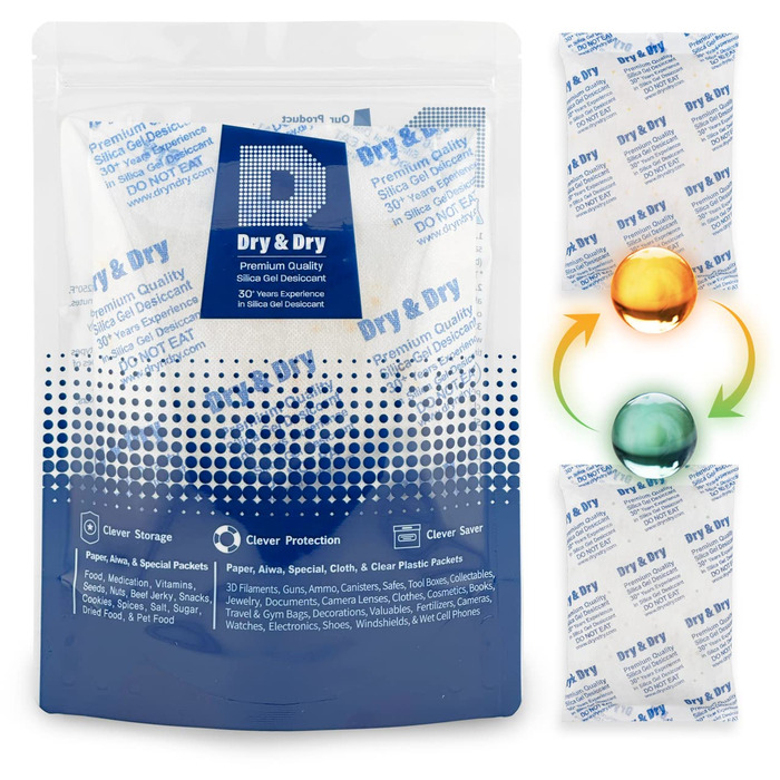 Dry & Dry 500 g [5 Pack] Food-grade orange indicator (Orange to Dark Green) mixed silica gel packets dehumidifier – rechargeable silica gel packet moisture absorber