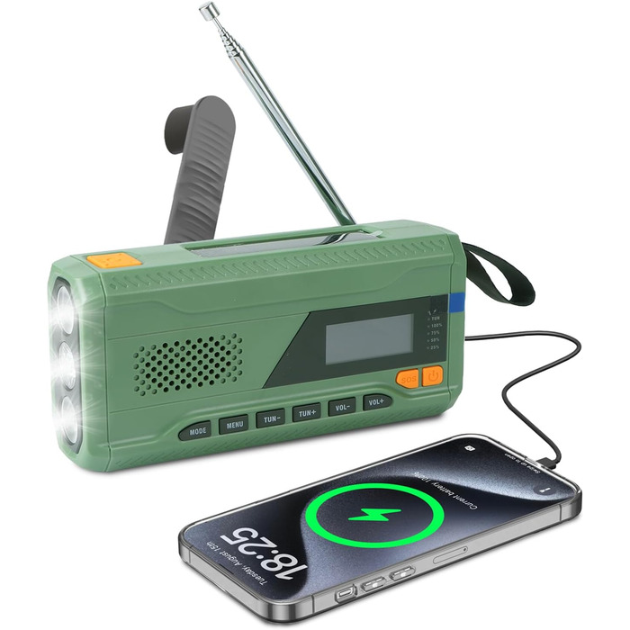 Радіо Alika для надзвичайних ситуацій: радіо з ручним приводом, FM/DAB+/DAB, сонячне, з Powerbank 4000mAh, зарядкою для телефону, USB, SOS-сигналом, ліхтарик (3 режими), для відпочинку на природі, кемпінгу (армійний колір)