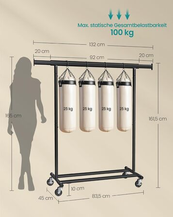 SONGMICS Clothes Rack with Wheels, Heavy-Duty Garment Rack, Extendable Clothes Rod, Load Capacity up to 100 kg, Easy Assembly, Portable, Black HSR13BKV1