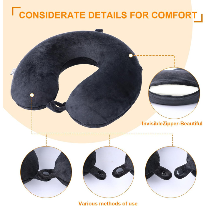 Подушка для шиї, 100% Memory Foam, U-подібна, чорна - для подорожей, авто, дому, офісу