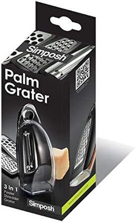 Palm Grater - Comfortable Compact Hand Grater. Vertical and Horizontal Hanging on Hook. Peeler, Slicer, Grater, Zester, All-in-One. Food Storage Compartment. 3 Stainless Steel Blades