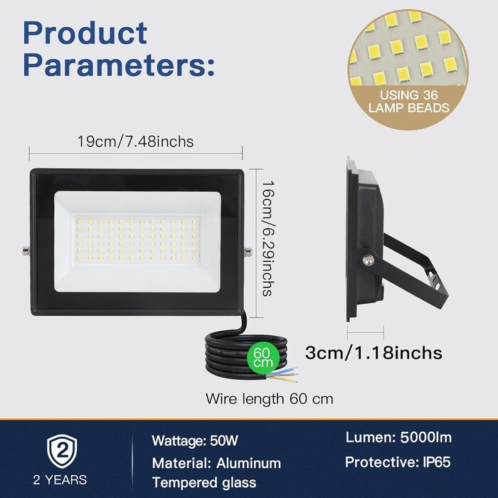 LED Floodlight 50W, Outdoor 5000LM, Spotlight 72 LED IP65 Waterproof, Outdoor Floodlight 6500K Cold White, 230V for Garage, Garden 【2 Pieces Black】 (6500k Cold White, GJ50W [2 Pieces Black])