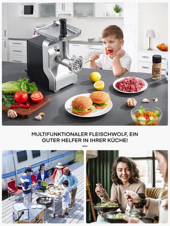 Electric Meat Grinder 5-in-1 - 700W Power, 2800W Max Blocking Capacity, Stainless Steel Grinding Plates (3, 5, 7mm), Sausage Maker, Kubbe Attachment, Black