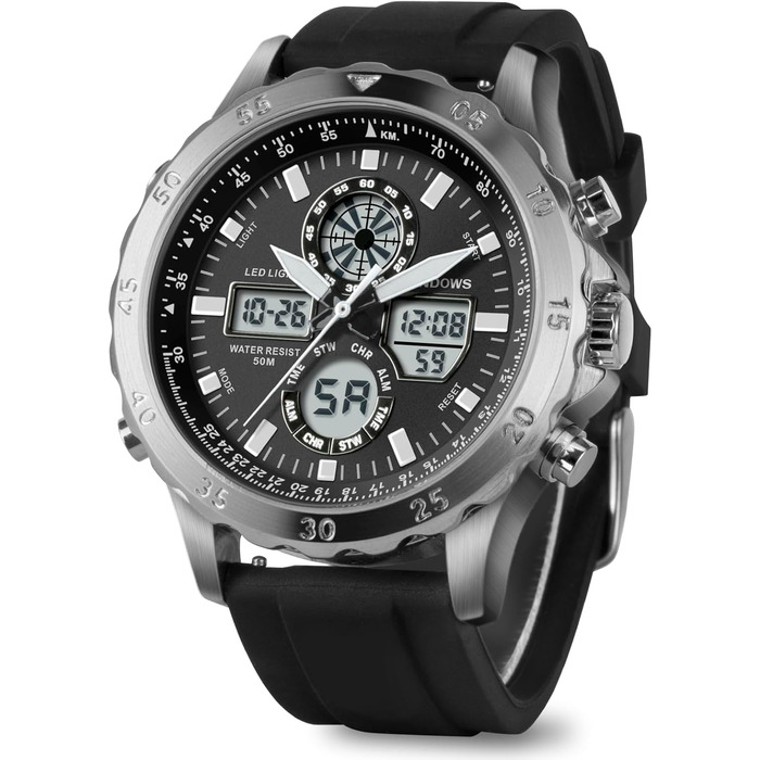Годинник PINDOWS для чоловіків: водонепроникні спортивні годинники (аналогові/цифрові), багатофункціональні, міцні, з LED-підсвічуванням, будильником, секундоміром (чорний/сріблястий)