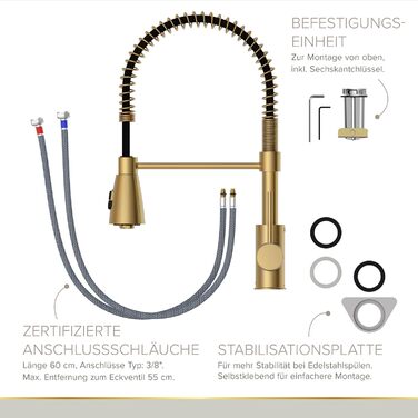 Кухонний змішувач Lenz KALANI² в золотистому кольорі – з регульованою насадкою для миття посуду – проста установка та високоякісне виконання - 46070322 (Для високого тиску, Золото)