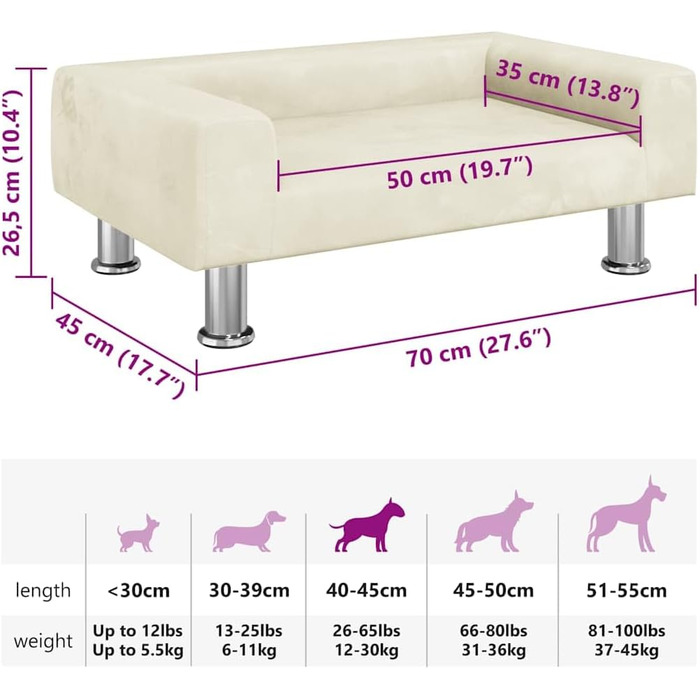 Крісло-ліжко для собак, м'яке ліжко для тварин, лежанка для маленьких собак та котів, світло-кремовий оксамит (70 x 45 x 26.5 см)