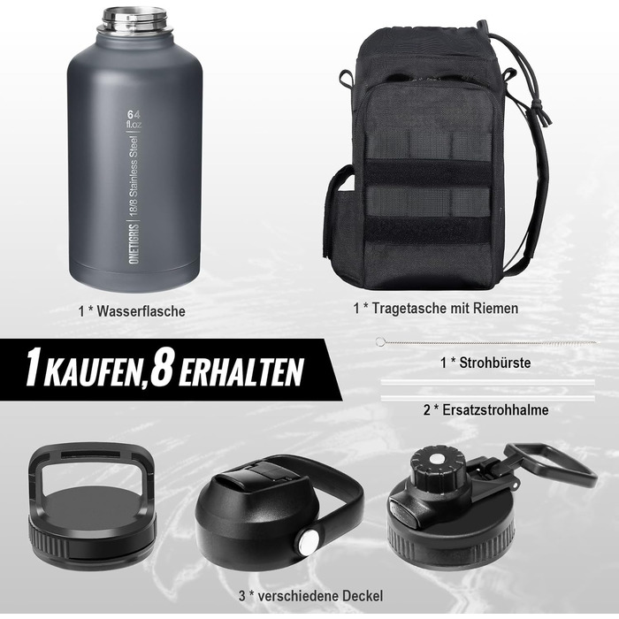 OneTigris Stainless Steel Water Bottle, 1.9L High Capacity, Insulated Sports Bottle for Cycling, Camping, Yoga, Gym, Softair, OD Green, 64oz (Gray)