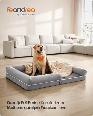 Feandrea Orthopedic Dog Bed, Dog Cushion, Dog Basket, Soft Padding, Dog Sofa, Raised Sides, Removable and Washable Cover, 91 x 71 x 20 cm, Non-Slip Bottom, PGW076G01 (L 135 x W 107 x H 25 cm, Light Grey)