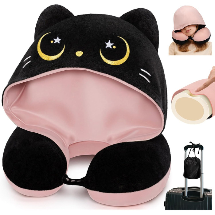 Подушка для шиї Mewaii для подорожей, двостороння подушка для дорослих, подушка для шиї з memory foam для літаків, подушка для шиї з котячою капюшоном, регульований ремінь (Рожева)