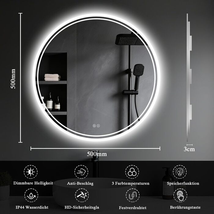 Дзеркало для ванної кімнати з підсвічуванням LED, антизапар, сенсорне управління, регулювання яскравості, 3 кольори світла, функція пам'яті, захист від вибуху, кругле дзеркало 50 см