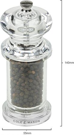 Cole & Mason 505 Salt & Pepper Mill Set – Classic Design, Adjustable Grinder, 14cm, Transparent Acrylic Body, Durable & High Quality, Manual