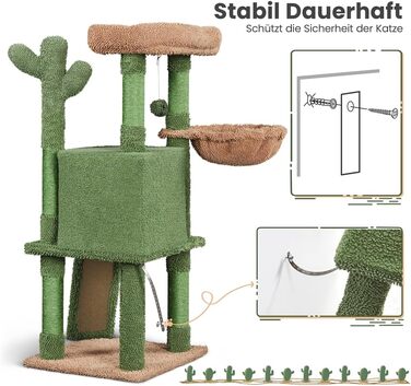 Yaheetech Cat Tree Cactus, Height 106.5 cm, Stable Cat Tree Climbing Tree with Viewing Platform, Cat Cave, Lounging Bed, Sisal Posts, Green/Brown