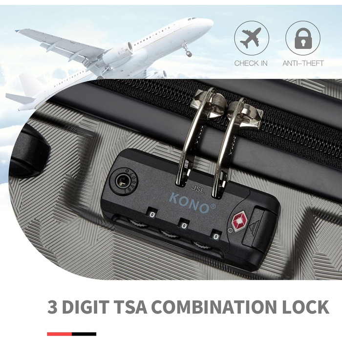 Чемодан-валіза KONO з ABS+PC: міцний, з TSA-замком та 4 колесами, 52 см, сірий/камуфляж