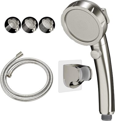 KAIYING Drill-Free High-Pressure Handheld Showerhead with ON/OFF Pause Switch, 3 Spray Modes, Water-Saving Showerhead, Detachable Puppy Shower Accessory (M: Showerhead + Holder + Hose) (Brushed Nickel)