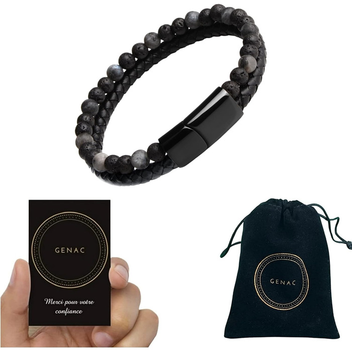 Чоловічий браслет з натурального каменю лава та шкіри з магнітним застібкою (6 мм)