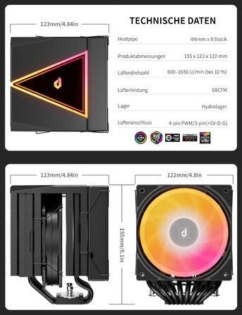 upHere UE2 Elite KC8C: Потужний кулер CPU з ARGB підсвічуванням (120мм, 8 heatpipes, 280W) для AM5/AM4/AM3, Intel 1851/1700/115x/1200