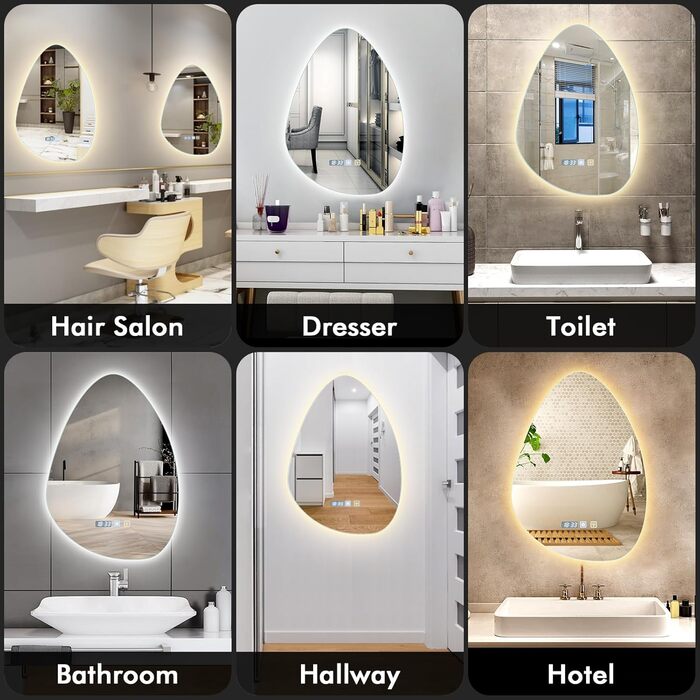 Круглий дзеркало для ванної кімнати з LED-підсвічуванням, 60 см, функція запобігання запотіванню, сенсорне управління & Bluetooth, регулювання яскравості, 3000K/4000K/6500K, HD-загартоване скло, дзеркало для ванної кімнати зі світлом (500*700 мм - крапель
