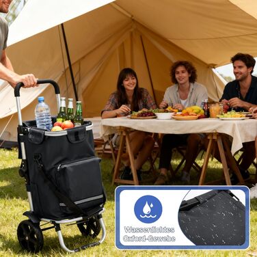 Складаний візок для покупок Sekey 60L з кулерним та відділенням для напоїв, 3-в-1, з регульованою ручкою, для покупок та кемпінгу, чорний