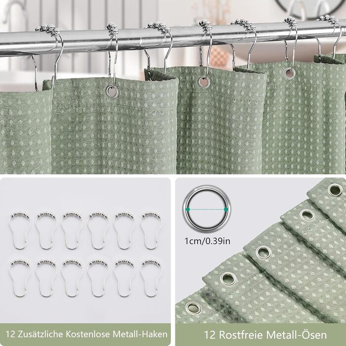 Шторка для душу Waffel з магнітною фіксацією, текстиль, поліестер, 183x183 см (зелена)