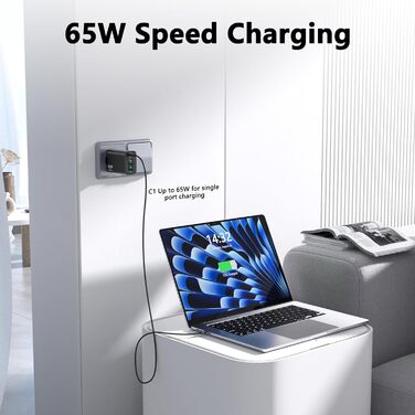 Зарядний пристрій USB-C 65W з кабелем, GaN 4-порти, швидка зарядка для MacBook, iPad, iPhone 15/16 Pro Max, Samsung Galaxy S23/S24 (2м USB-C - USB-C, чорний)