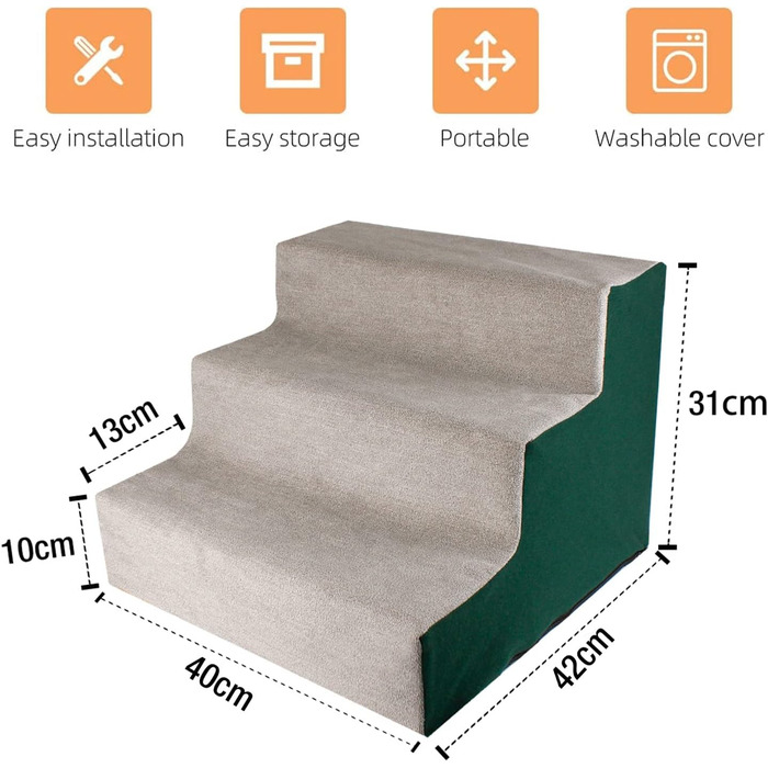 NAMSAN Dog Stairs 3-Step Pet Ladder, Easy Assembly, Cat Stairs with Washable Cover for Sofa, 42 x 40 x 31cm