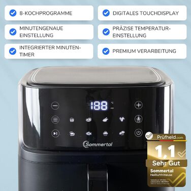 Фритюрниця повітряна Sommertal HF760-7.6L XXL з сенсорним екраном, 8 програм, 2000 Вт – енергозберігаюча та здорова, велика фритюрниця Air Fryer (4.0 L)