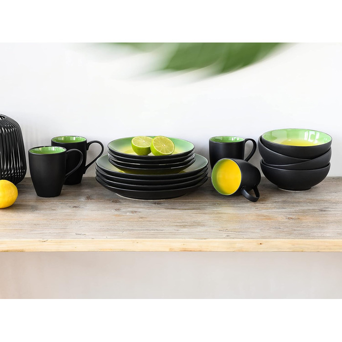 CreaTable Geschirrset HOT GREEN, 16-teilний комбінований сервіз з кераміки, для дому та ресторану