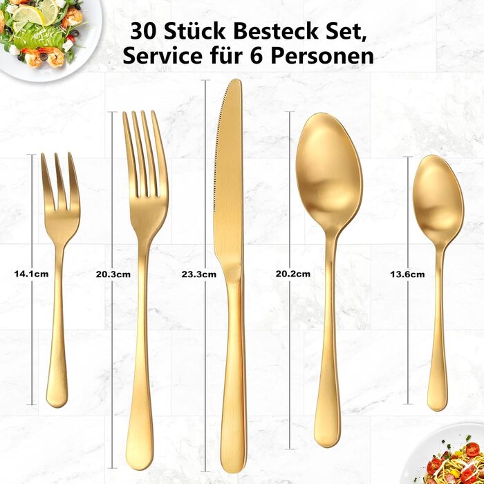Cutlery Set for 6 People, 30-Piece Golden Titanium Gold Cutlery Set including Knife, Fork, Spoon, Stainless Steel Golden Cutlery Set, Dishwasher Safe (Matte Gold)