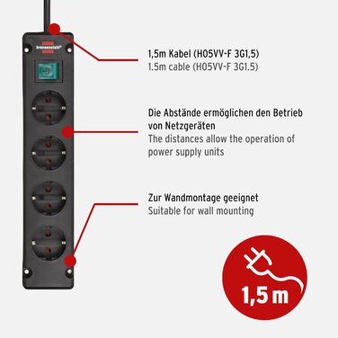 Смуга розподілу Brennenstuhl Bremounta 4-fach з вимикачем, чорна (90° розетки, кріплення, 1,5м кабель)
