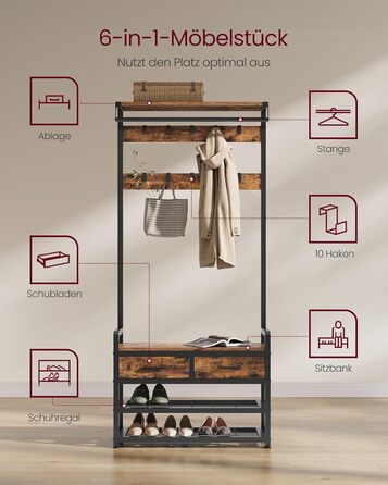 VASAGLE Coat Rack with Shoe Bench, Coat Rack, Shoe Storage, 2 Fabric Drawers, 10 Hooks, 6 Side Hooks, 30 x 80.4 x 181.6 cm, Vintage Brown-Ink Black HSR429B01